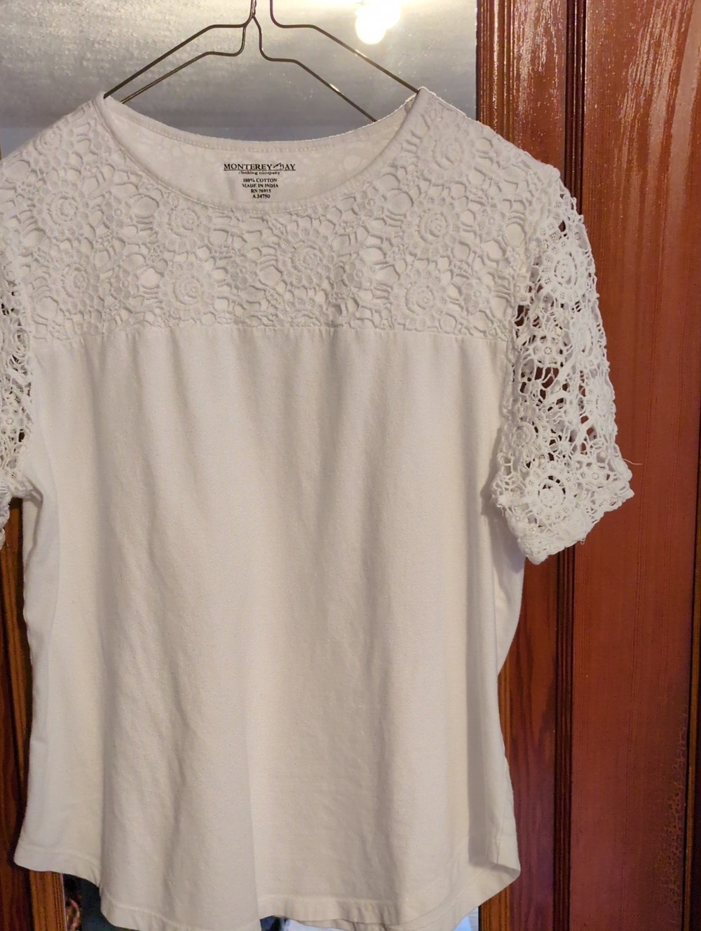 Monterey Bay White Crochet Lace Yoke Short Sleeve Tee